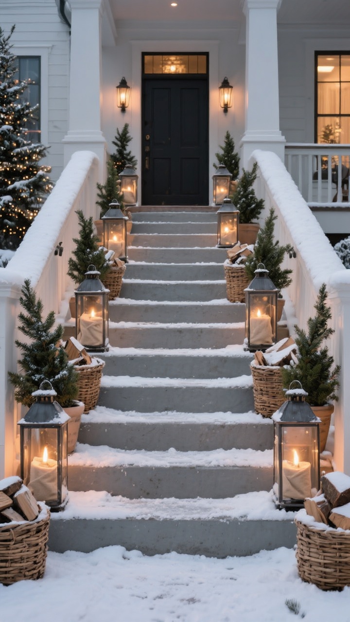 A wide, slightly elevated shot of front steps styled like a holiday runway: lanterns repeating up the sides, small potted mini evergreen trees alternating with woven baskets of firewood (real or faux). Clear walking path kept down the center for safety. Weighted lanterns hinted with subtle sandbags inside. Ambient early evening light, warm glow from lanterns, snow-dusted treads for seasonal mood.