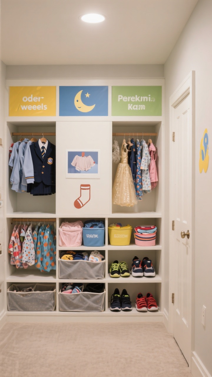 A wide, straight-on shot of a kids’ closet divided into clearly labeled zones like a mini store: top left with school uniforms/weekly outfits, top right special occasion pieces, low shelves with bins for pajamas, underwear, and socks, and the floor/door area for shoes and sports gear. Labels mix pictures (moon for pajamas, sock icon) and words for older kids. Neutral walls, bright label graphics, and balanced ambient lighting for an easy-to-navigate feel.