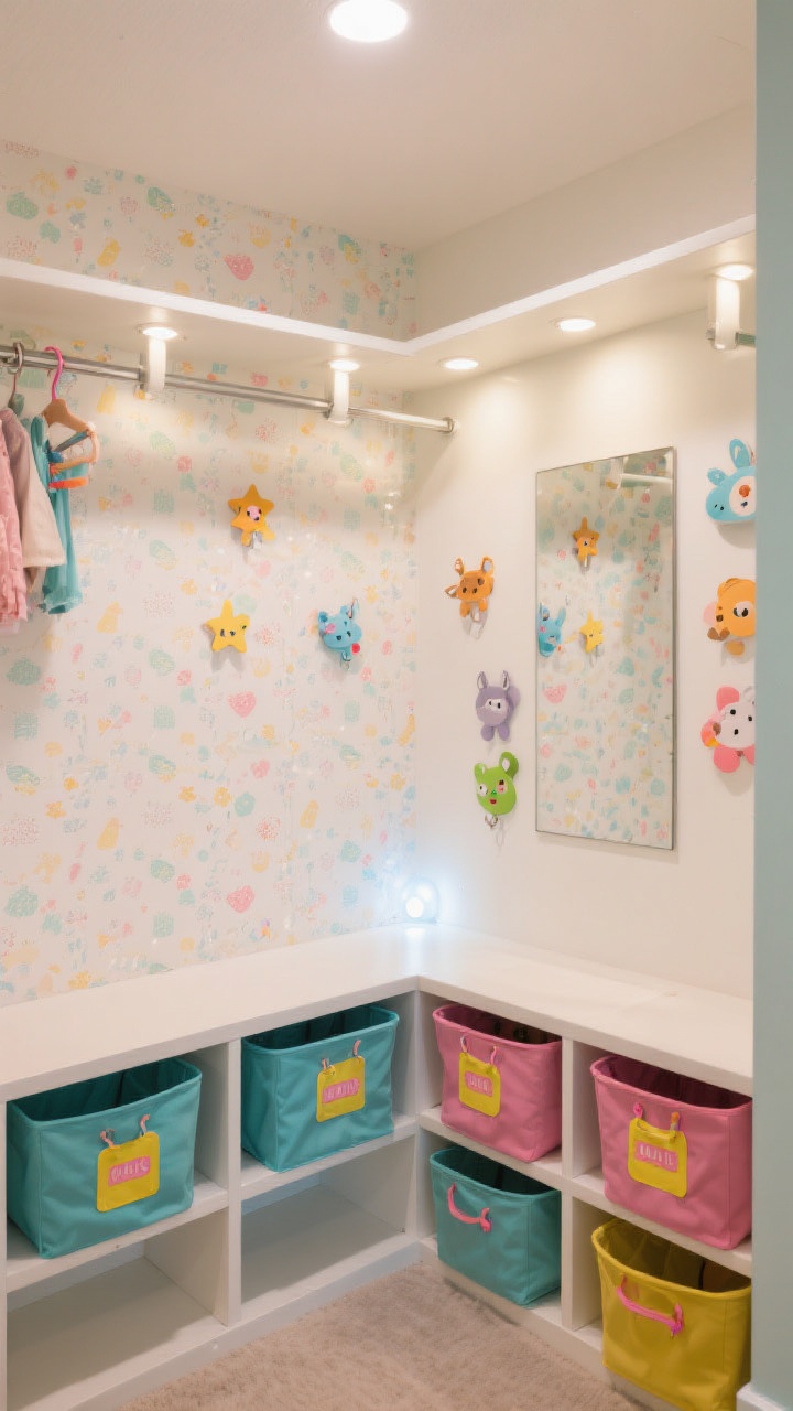 A wide, straight-on shot of a kids’ closet made cute: peel-and-stick wallpaper with a playful pattern on the back wall, LED motion puck lights under shelves casting a soft glow, matching bins with bright labels, adhesive hooks shaped like animals or stars, and a kid-height mirror on the side panel. The color theme ties bins and labels together; lighting feels welcoming and fun.