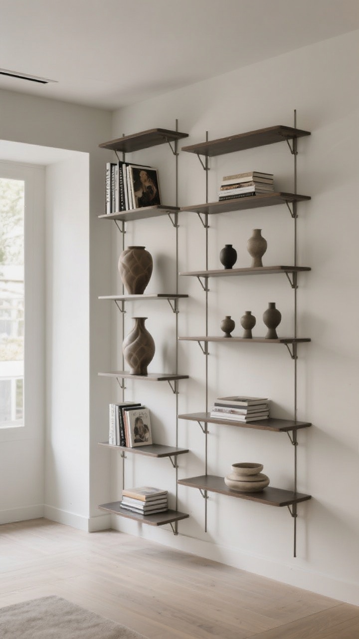 A wide, straight-on view of an asymmetrical shelf layout: adjustable shelves staggered for varied heights, one extra-tall shelf showcasing large art books and a sculptural vase; offset visual weight—left-heavy on one shelf, right-heavy on the next—forming a zigzag; each shelf arranged with an odd number of objects (3 or 5); contemporary room setting, balanced natural light, no people, photorealistic.