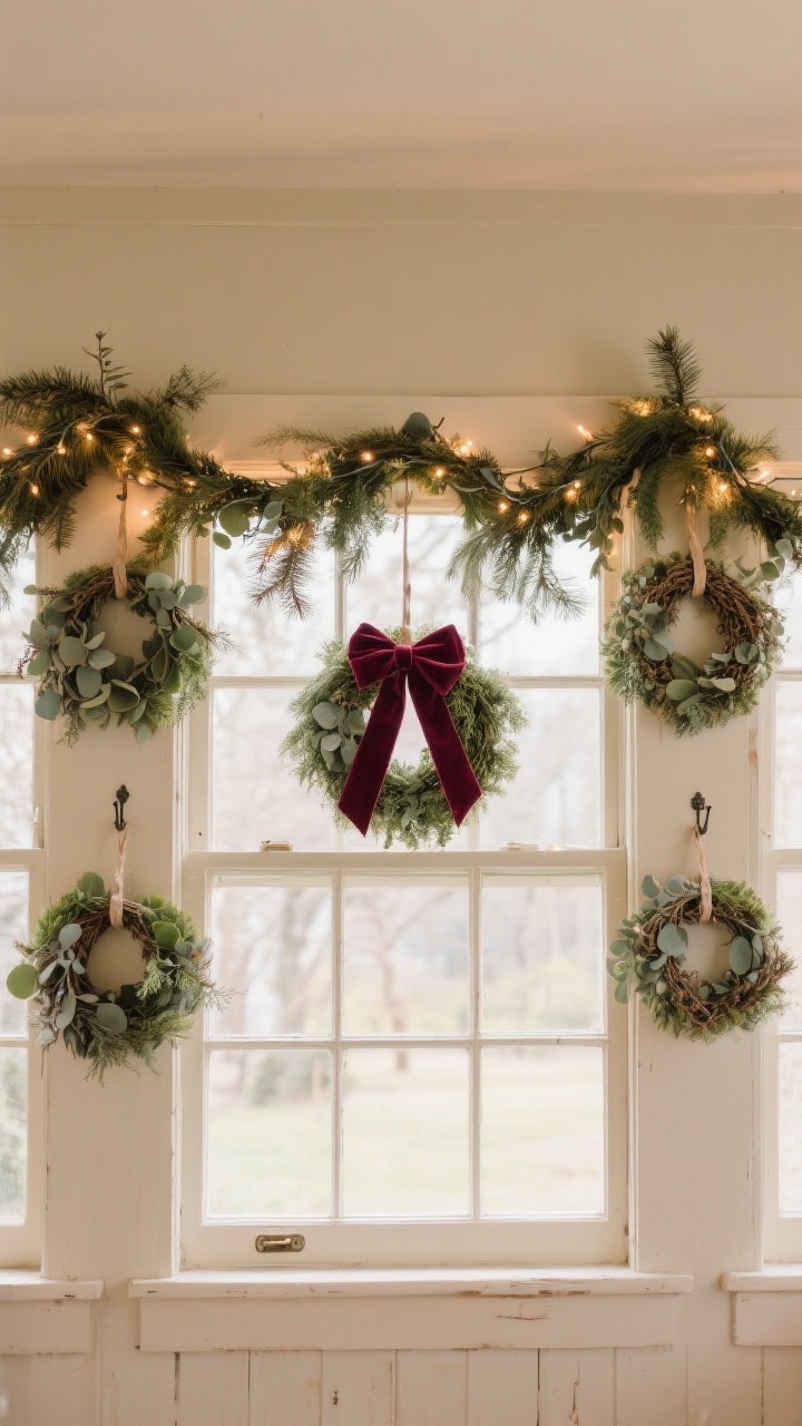 A wide, straight-on view of cottagecore-inspired windows framed with lush garland draped softly at the corners, mini wreaths hung on each pane, and a single centered wreath layered with a deep burgundy velvet ribbon bow. The garland blends fluffed faux greenery with fresh eucalyptus and pine, threaded with warm micro-lights. Command hooks are discreetly visible on the trim. Atmosphere is warm, inviting, and slightly rustic.