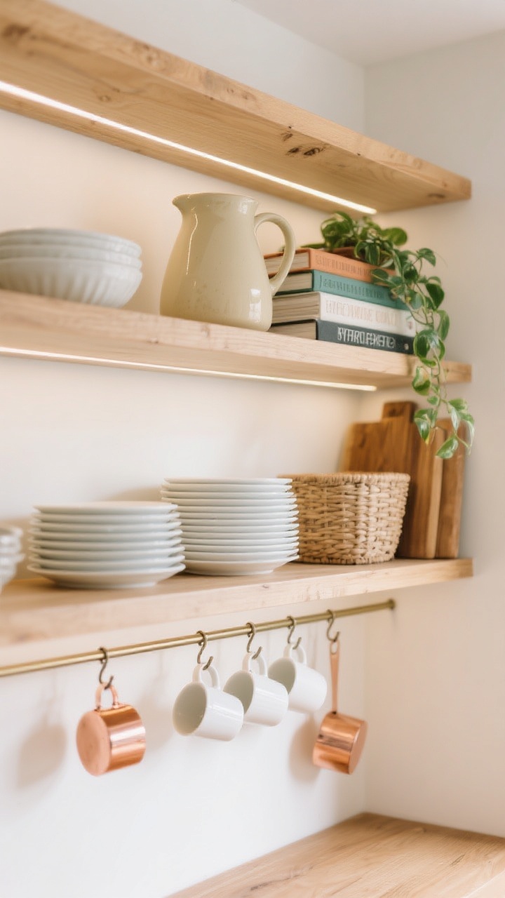 A wide, straight-on view of open kitchen shelves styled with a tight color story: whites, creams, warm wood, and a single sage accent. Lower shelf: neatly stacked everyday white plates and bowls; upper shelf: a cream ceramic pitcher, a small stack of cookbooks, and a trailing plant. Under the bottom shelf, a thin rail with S-hooks holds white mugs and copper measuring cups. Discreet LED strip lighting under shelves adds a cozy bistro glow, balancing with soft ambient daylight. Include mixed textures—ceramic, glass, wicker, and wood—arranged with varied heights.