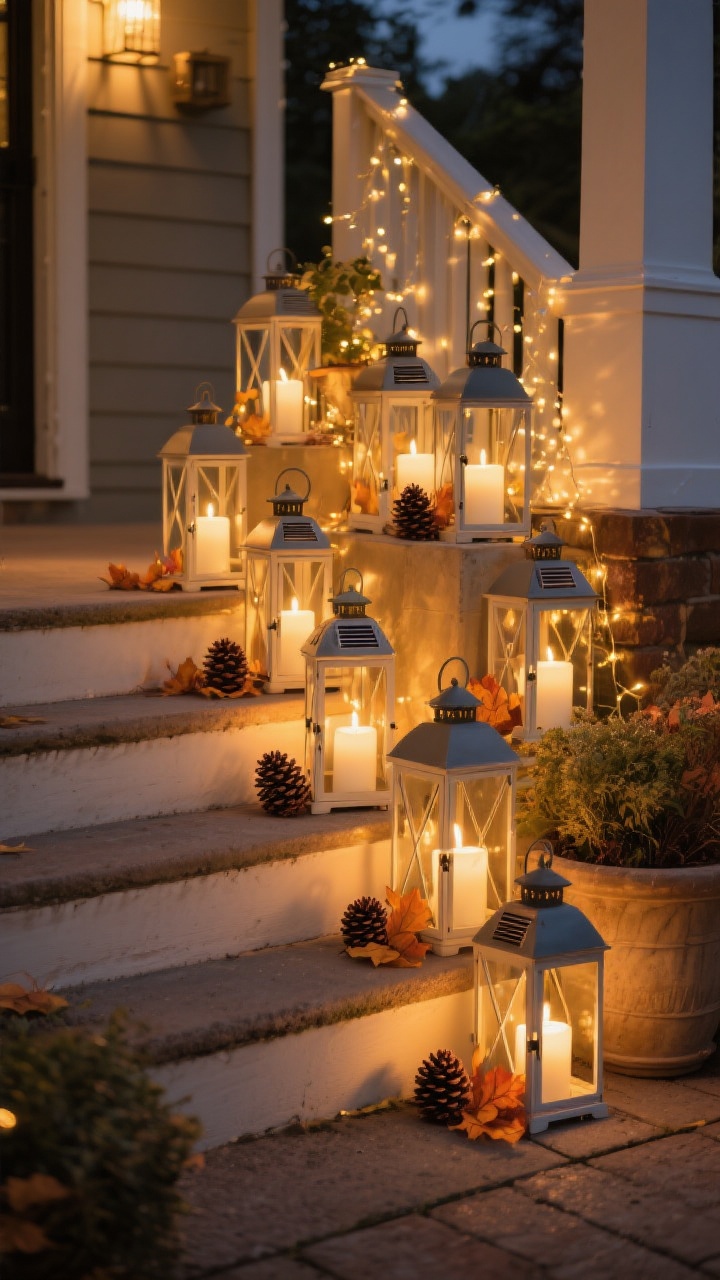 An evening porch vignette with lantern magic: clusters of lanterns in varied heights on steps and beside planters, filled with warm white flameless candles and delicate fairy lights; a few pinecones and faux autumn leaves inside select lanterns; solar lanterns discreetly placed; layered pools of warm, cozy glow that guide the eye up the steps; no harsh cool lighting—only golden ambiance.