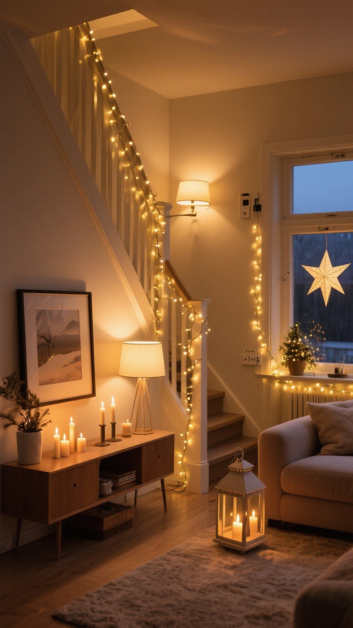 An evening wide shot of a living space with layered cozy lighting: warm 2700K lamps dimmed, micro-lights wrapped around a stair rail and an art frame, flameless taper candles glowing on a console, and a paper star lantern in the window for Scandinavian charm; all holiday lights connected to smart plugs for a cohesive golden glow without glare.