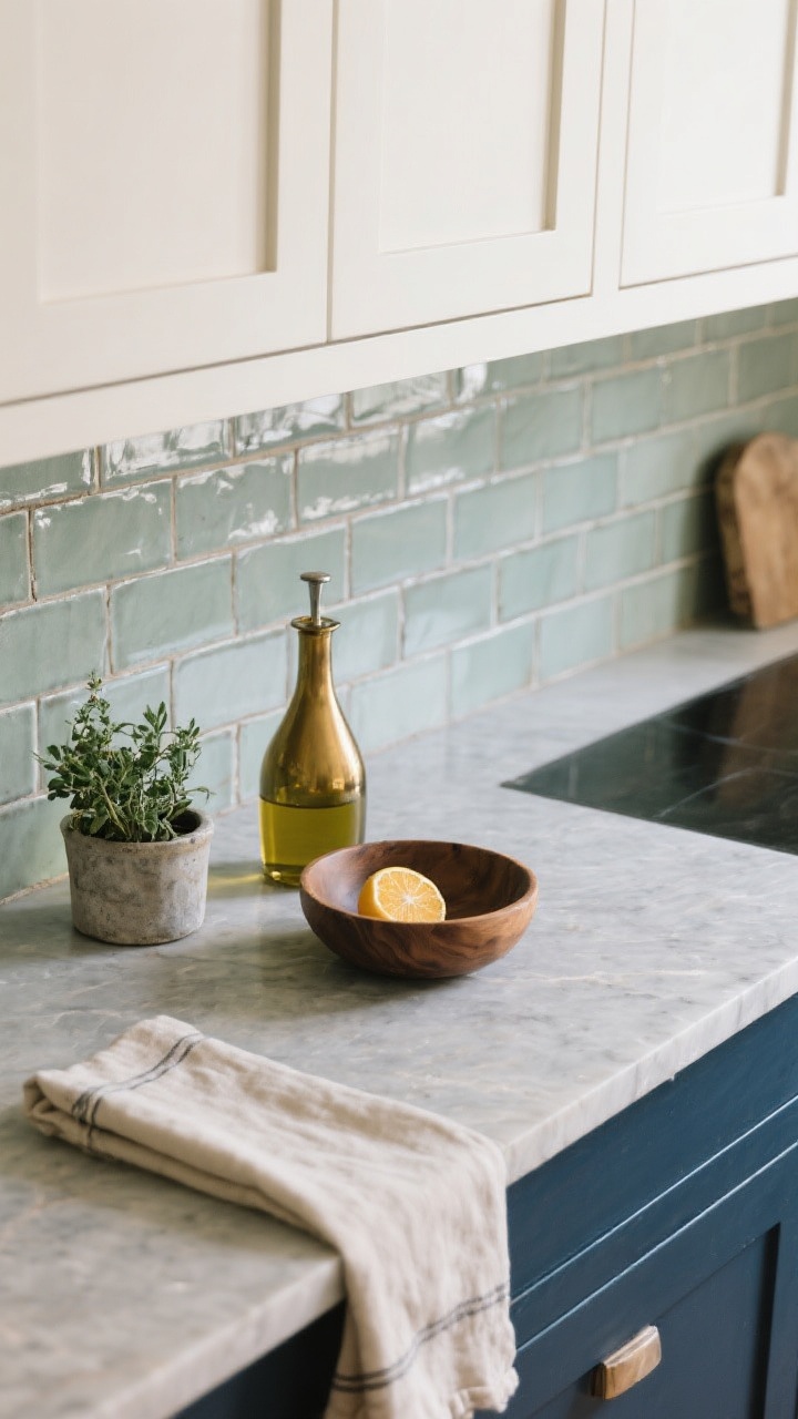 An overhead detail shot of a calm, soulful countertop styling atop honed soapstone: a muted palette with creamy white upper cabinet edge in frame and a deep sage or inky navy island edge nearby. Backsplash glimpses show handmade zellige subway tile in a running bond with soft gray grout. On the counter: a small potted herb (living element), a warm brass olive oil decanter (metal), a wooden bowl with citrus (natural texture), and a neatly folded linen runner (soft textile). Soft, even daylight underscores the matte finishes and serene tones.