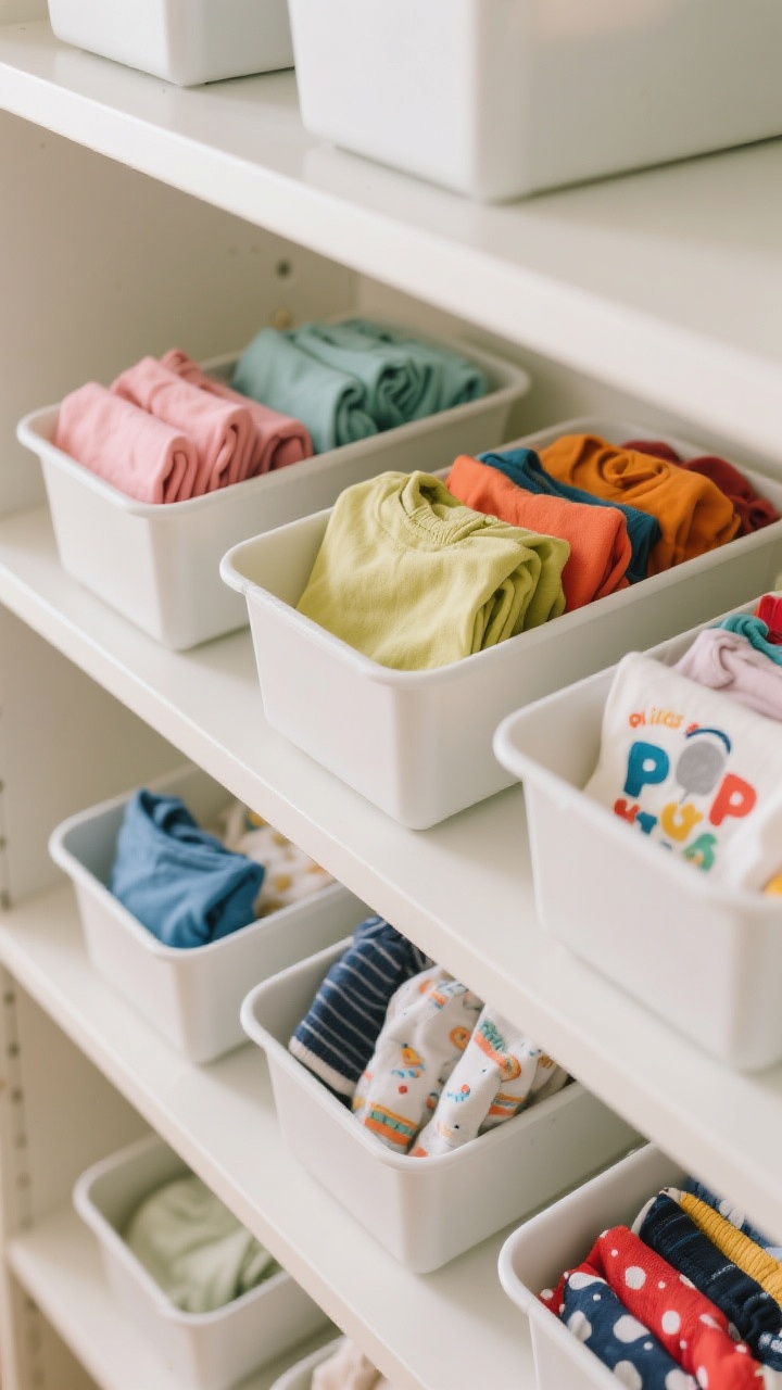 An overhead detail shot of shallow open bins on a shelf, each filled with file-folded kids’ T-shirts, leggings, shorts, and PJs standing upright like files. Items are color-blocked from light to bright hues for instant scanning. Sturdy, lightweight polypropylene bins with smooth edges sit on a matte white shelf; soft diffused lighting emphasizes tidy lines and fabric textures.