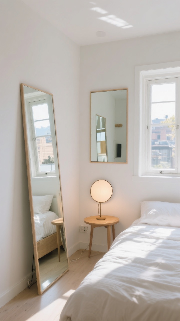 Bright wide shot of a tiny bedroom with mirrors used to amplify light: a tall frameless floor mirror leaning to visually stretch ceiling height, a simple-framed mirror placed across from a window reflecting sunlight and views, and a small round mirror positioned behind a table lamp to double its warm glow; minimalist frames, airy feel, sunlit atmosphere