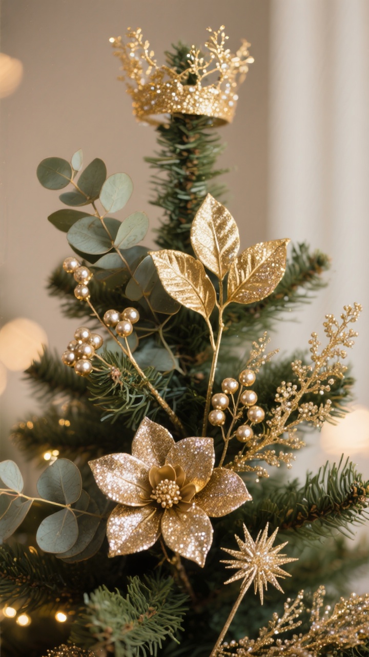 Closeup cluster composition: Metallic florals, picks, and sprays inserted into a Christmas tree—glittered eucalyptus, gold magnolia leaves (non-shedding), beaded berries, and tiny starburst sprays—worked in clusters of three to form a boutique-tree vignette. Vary depths: some picks pushed deep toward the trunk, others perched at branch edges. A halo of delicate gold sprays near the top hints at a crown effect. Soft warm lighting; glitter and metallic surfaces subtly catch the light. Photorealistic macro focus with crisp texture on leaves and beads.