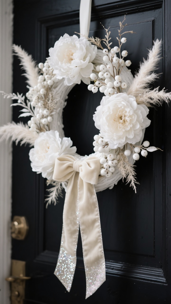 Closeup detail, high-contrast composition of an all-white winter wreath on a dark door; elements include faux white peonies, white berries, bleached ruscus, and soft pampas plumes; tone-on-tone cream velvet ribbon with long tails; delicate dusting of mica glitter on petal edges for a gentle shimmer; soft, diffused lighting to keep the mood ethereal and serene; photorealistic fibers and petal textures