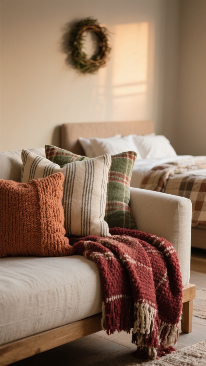 Closeup detail — Layered textiles for peak coziness: a sofa arm and bench edge piled with pillows in sweater knits, ticking stripes, and subtle plaids, plus two chunky throws draped at different angles; color accents in muted rust, sage, and cranberry against warm neutrals; background blur shows a bed foot with a folded quilt and a small wreath over a headboard; soft, diffused evening light emphasizing fabric texture.
