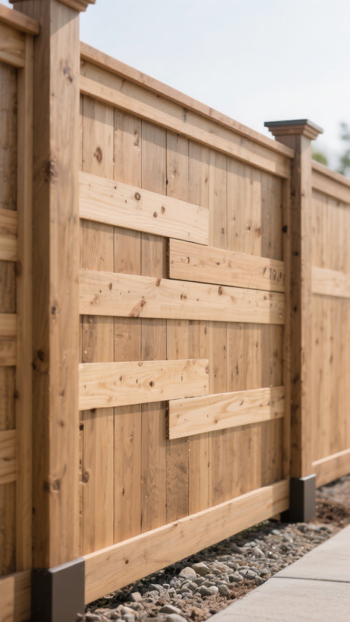 Closeup detail of a board-on-board privacy fence panel showing overlapping vertical planks with zero gaps; alternating 4" and 6" board widths for subtle texture; picture-framed perimeter trim, taller capped posts with post skirts; cedar or pressure-treated pine grain visible under a breathable exterior stain; lower edge floating at least 2 inches above gravel to keep soil/mulch off; raking side angle emphasizing the layered construction and total opacity; neutral, even daylight to reveal wood tone and craftsmanship.