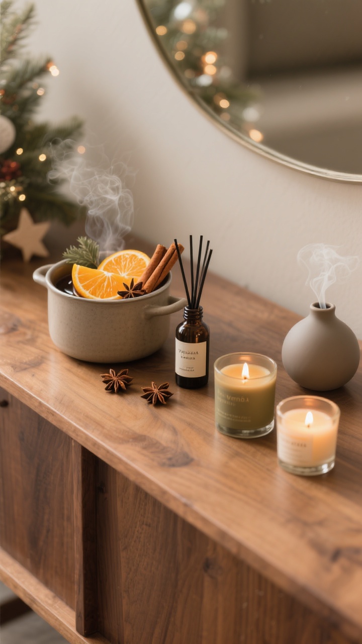 Closeup detail of a cozy holiday scent bar on a wooden console: a simmer pot with orange slices, cinnamon sticks, and star anise beside a small bottle labeled vanilla; two candles—one cedar, one vanilla—lit and placed apart for layered fragrance; a matte ceramic diffuser with a tiny wisp of vapor; minimal styling to avoid clutter; warm, soft lighting, photorealistic.