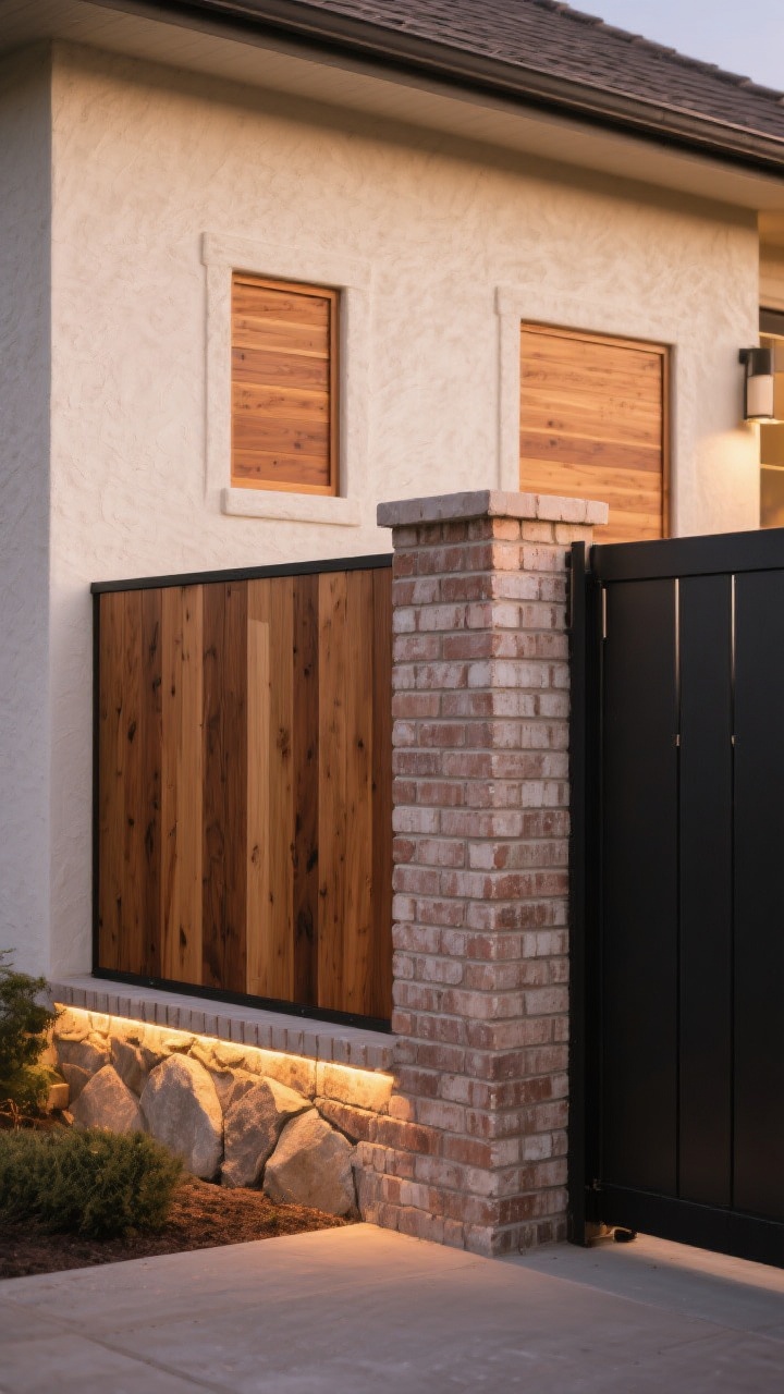 Closeup detail of a decorative masonry privacy solution: a smooth stucco wall with warm off-white tone, inset wood infill panels in cedar for warmth, and an adjacent brick pier transitioning to slim black aluminum panels; stone base coursing adds texture; mortar color harmonized with the home; subtle warm lighting concealed under cap stones washing the materials at night; shot at early evening, straight-on, focusing on textures of stucco, brick joints, cedar grain, and soft illumination.