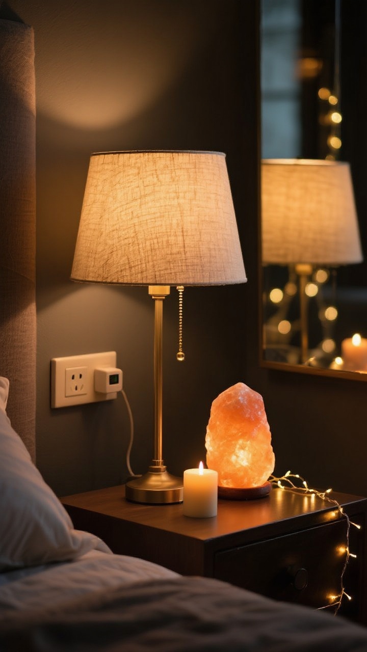 Closeup detail of golden-hour lighting: a nightstand vignette with a linen-shade table lamp fitted with a 2700K warm white dimmable bulb, battery-operated candles casting a gentle amber glow, a small glowing salt lamp, and a strand of fairy lights reflected in a nearby mirror; hint of a smart plug on the outlet; darkened background to emphasize layered warm light sources; photorealistic bokeh; no people