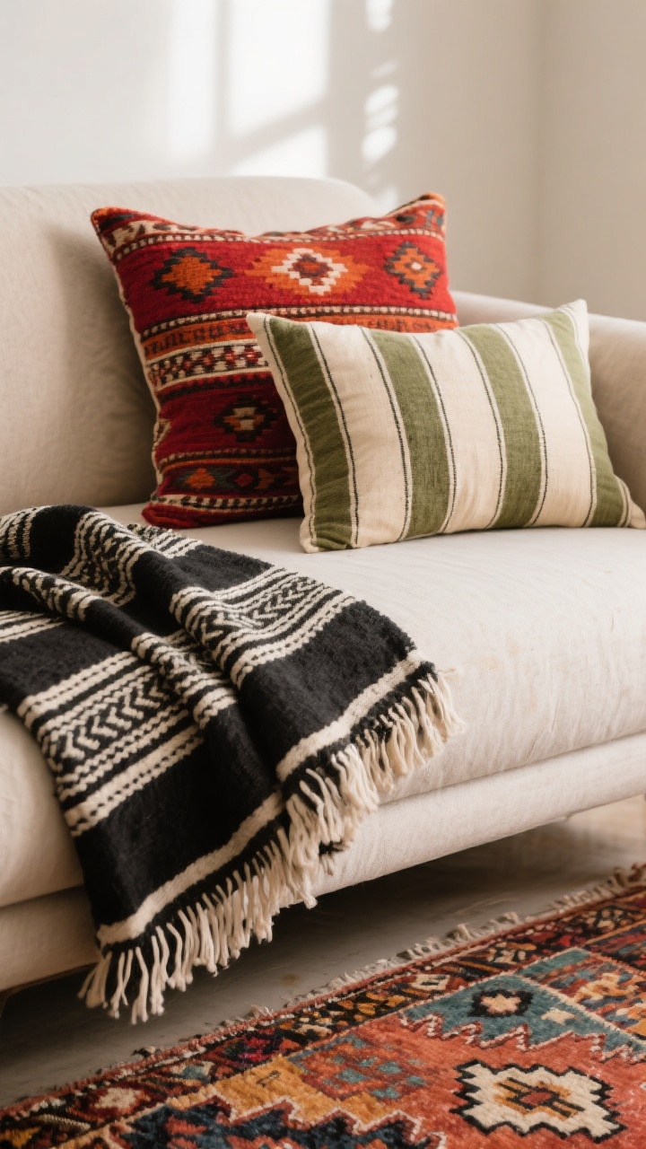 Closeup detail of layered globally inspired textiles on a neutral sofa: a Kilim pillow in earthy reds and terracotta layered with a Scandinavian stripe pillow in cream and sage, and a black-and-cream mudcloth throw draped casually; background hints of a quiet, neutral room and possibly the edge of a bold patterned rug while larger furnishings remain subdued; soft, natural daylight to showcase pattern interplay without chaos.