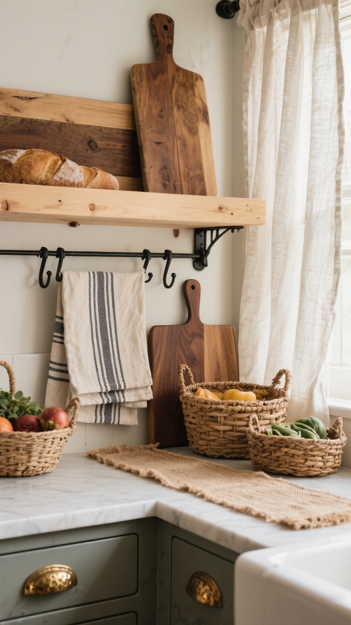 Closeup detail of layered textures on a kitchen counter and window: linen cafe curtains filtering light, striped tea towels draped over a rustic mid-walnut cutting board, a jute runner partially in frame, and woven baskets holding produce. Mixed wood tones—light oak shelf above, mid-walnut board, and a rustic bread board—combine with metal accents like hammered brass drawer pulls and matte black hooks. Warm, tactile mood with soft natural lighting highlighting fabric weave and grain.