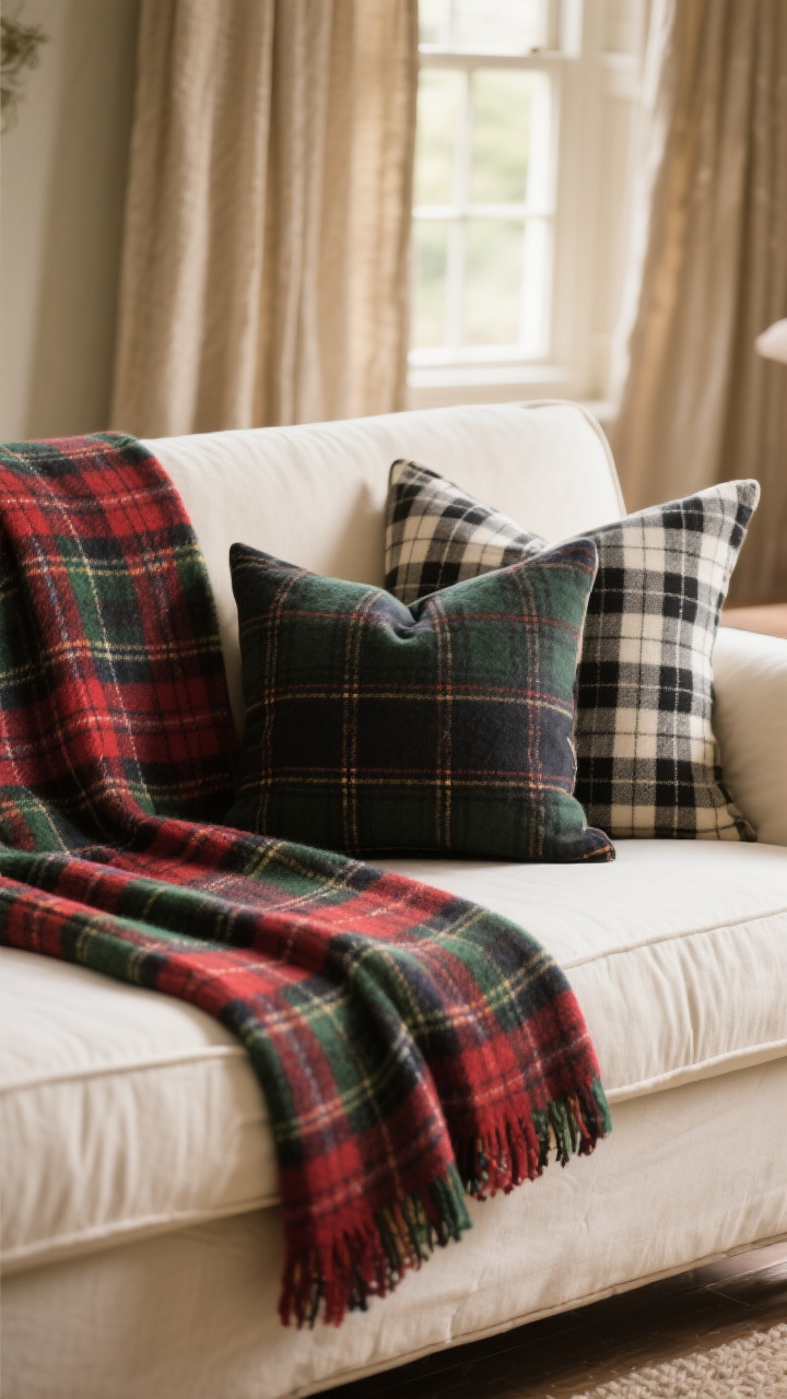 Closeup detail of mixed plaids on a sofa setting: a large-scale windowpane plaid wool throw in muted red and green, paired with smaller tartan pillows; a neutral black-and-cream check pillow bridging the palette; grounded by cream slipcovered seating and oatmeal linen curtains in the blurred background. Warm, soft lighting emphasizing fabric weave; color cohesion and varied scale visible.