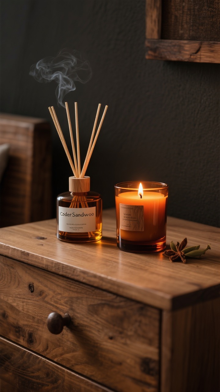 Closeup detail of scent elements on a wooden dresser: a reed diffuser labeled with cedar/sandalwood notes, an essential oil diffuser softly misting cardamom or clove, and a candle with a wood wick mid-flicker; warm amber-toned lighting reflecting off an amber glass vessel; subdued, cozy cabin mood with a dark, matte wall behind to highlight the glow; no people