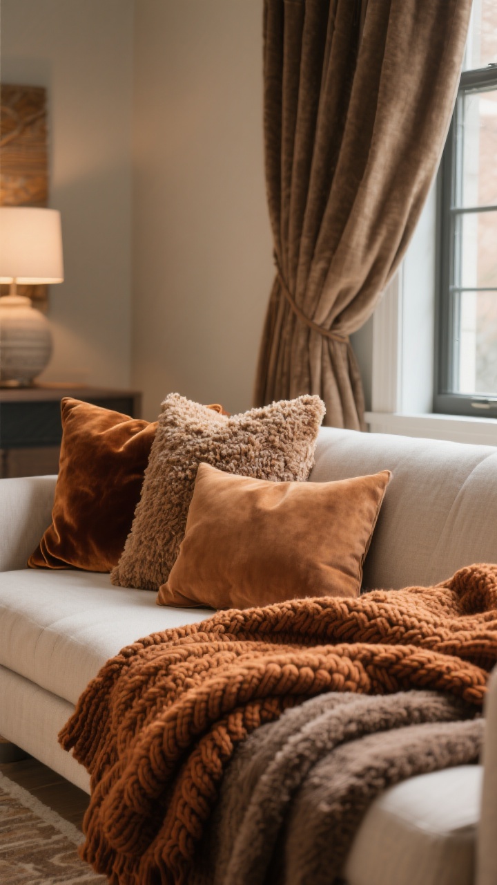 Closeup detail of swapped fall textiles: a sofa dressed with velvet, bouclé, and suede pillows in earthy tones, a folded cable-knit throw in cinnamon and a sherpa blanket in warm taupe layered together, and heavier drapes with blackout liners framing the window; consistent palette throughout; soft, warm interior lighting accentuating fabric depth.