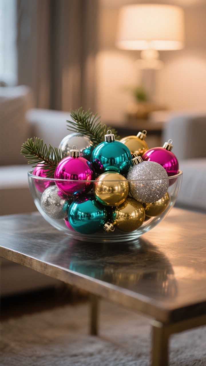 Closeup detail shot: a bowl on a coffee table filled with glossy, candy-colored Shiny Brite-style ball ornaments in pink, teal, gold, and silver, clustered by color; a few cedar sprigs tucked between ornaments; soft warm indoor evening light reflecting on the glass and matte finishes; shallow depth of field, no people, photorealistic.