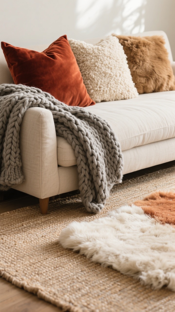 Closeup detail shot: A cozy living room sofa scene focused on layered textures—plush knit chunky throw in heather gray draped over the arm of a neutral linen sofa, with three pillows: one rich rust velvet, one nubby cream bouclé, and one camel-toned linen or faux shearling. In the foreground, the floor shows a layered rug setup: a large oat-colored flatweave rug with a smaller ivory faux-fur/wool rug on top. Warm neutral palette (camel, rust, cream), soft afternoon light, shallow depth of field to emphasize tactile surfaces, no people.