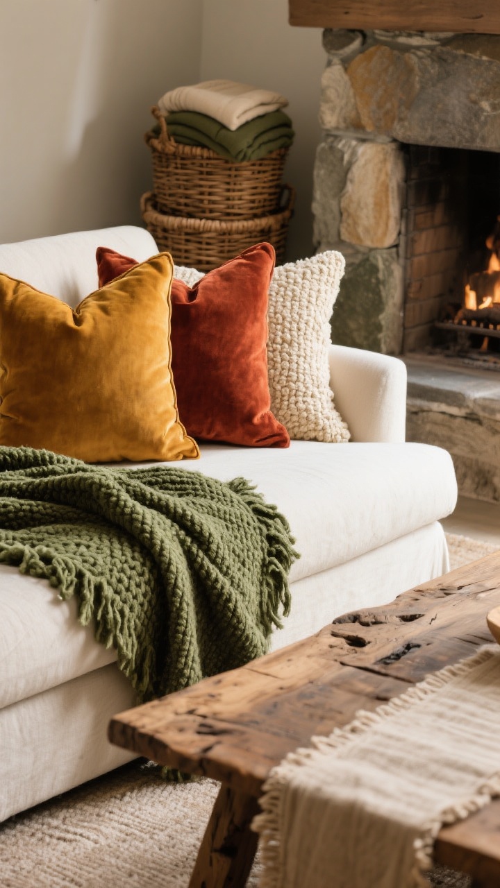 Closeup detail shot: a cozy living room sofa scene showcasing layered textures—ochre and rust velvet pillows against a cream boucle pillow, draped with a chunky wool throw in forest green; a raw-edge, rough-hewn wood coffee table partially visible with a natural linen runner; wicker baskets stacked by a stone fireplace holding folded blankets. Soft afternoon natural light, tight color palette of ochre, rust, forest green, and cream, photorealistic focus on tactile weaves and wood grain.