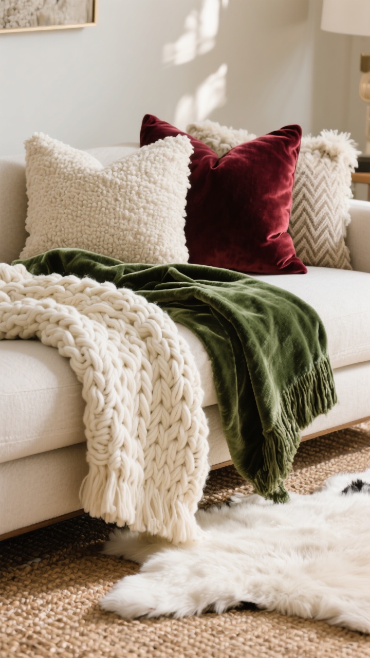 Closeup detail shot: a living room sofa corner layered with textures—one chunky cable knit throw in cream, one faux fur throw in soft white, and one crushed velvet throw in forest green draped casually; mixed pillows in rich burgundy velvet, boucle cream, and a subtle herringbone neutral in varying sizes; a sheepskin (or faux) rug layered over a larger jute rug underfoot; warm ambient afternoon light, no people, photorealistic.