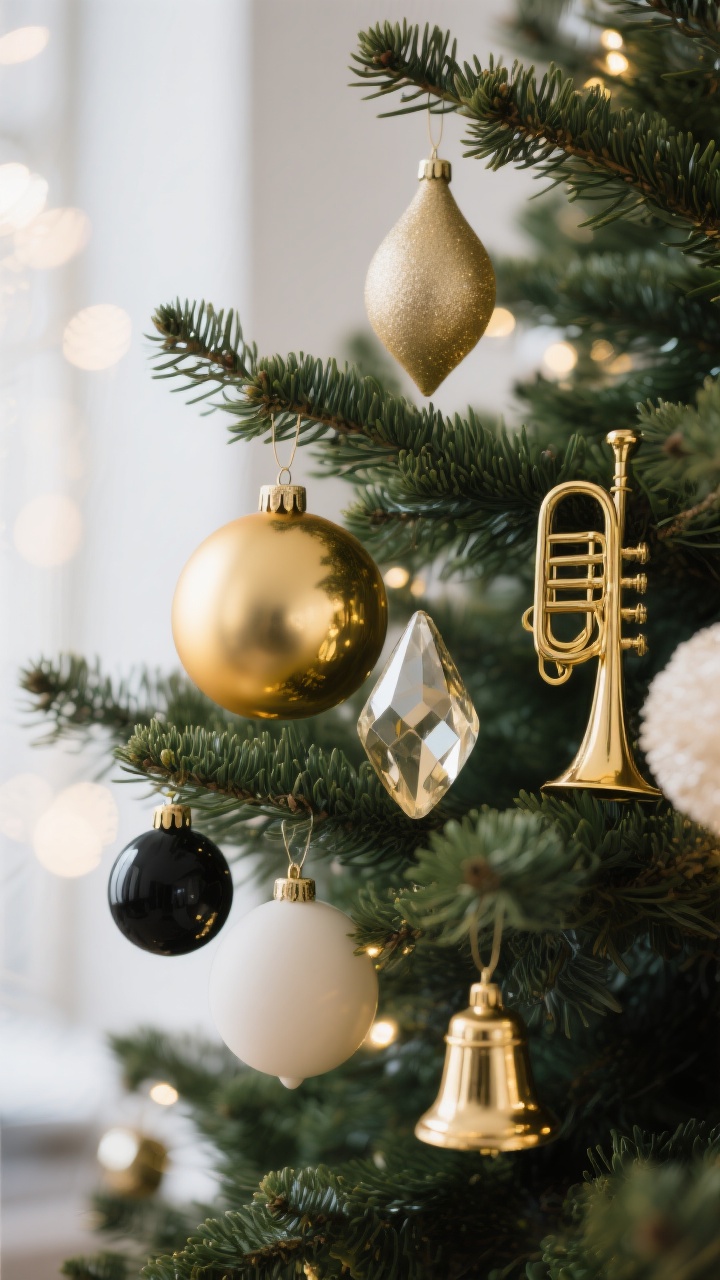 Closeup detail shot: A lush evergreen Christmas tree branch showcasing a curated mix of gold ornaments with personality—one shiny sphere, one matte teardrop, one brushed faceted gem, plus a tiny gold trumpet and a bell—arranged by size with a large 5-inch ornament tucked deeper into the branch, medium mid-branch, and small at the tip. Include subtle companions in ivory and deep green accents, with a single black-and-gold ornament for chic contrast. Warm white ambient glow reflects off the metallics, with a few ornaments nestled slightly inside the branches for depth. Photorealistic, shallow depth of field, bokeh lights in the background.