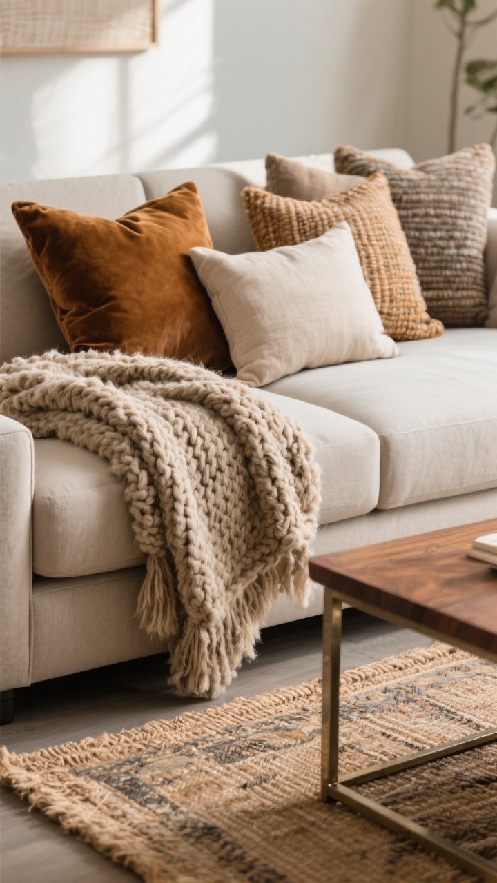 Closeup detail shot: A photorealistic vignette of layered fall textures on a modern neutral sofa—chunky knit throw draped over the arm, a folded faux fur or bouclé throw at the edge, and a mix of velvet, linen, and woven pillows in varied sizes. Include a thin vintage-style rug layered over a jute base beneath a walnut coffee table with subtle metal accents. Soft, warm natural afternoon light grazing the fabrics to highlight tactile contrast; straight-on angle focused on touchable materials, no people.