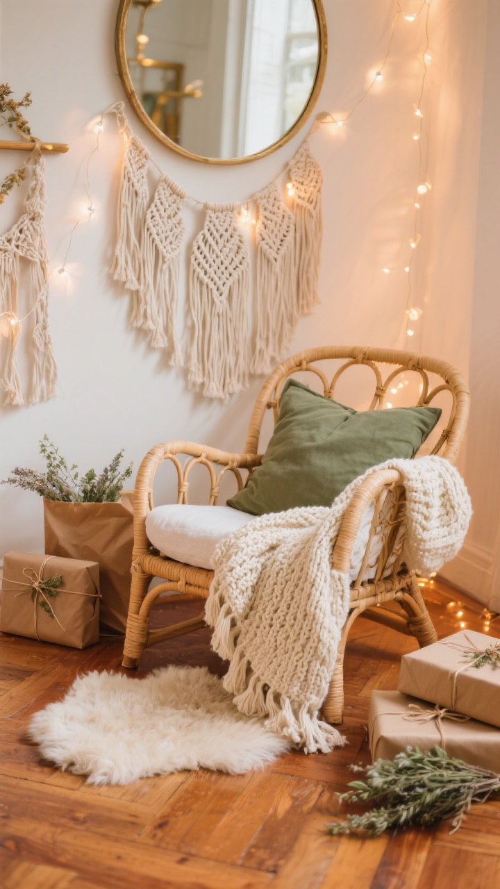 Closeup detail shot: a rattan lounge chair draped with a chunky cream knit throw, a sage linen pillow, and a small sheepskin rug spilling onto warm wood floors; macramé garlands loosely draped over a nearby mirror edge; gifts wrapped in kraft paper with twine and sprigs of dried herbs; color palette of creams, caramels, sage, terracotta with subtle brass accents; soft, glowy warm white string lights creating a cozy, textured boho atmosphere.
