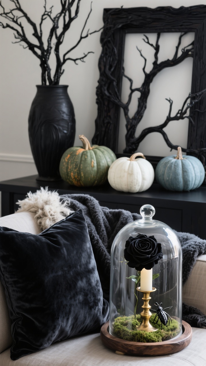 Closeup detail shot focused on luxe textures and natural elements for elevated spooky style. Foreground: a brass candleholder beside a deep charcoal velvet pillow on linen upholstery (Velvet + Brass, Linen + Black Wood). Under a glass cloche, moss with a single black rose and a faux insect. Nearby: matte black wood frame, twisted branches spray-painted matte black in a tall vessel, and heirloom pumpkins in sage, ghost white, and dusty blue. Include a charcoal throw and a draped sheepskin hinting at layered coziness. Photorealistic, soft directional light highlighting texture, no people.