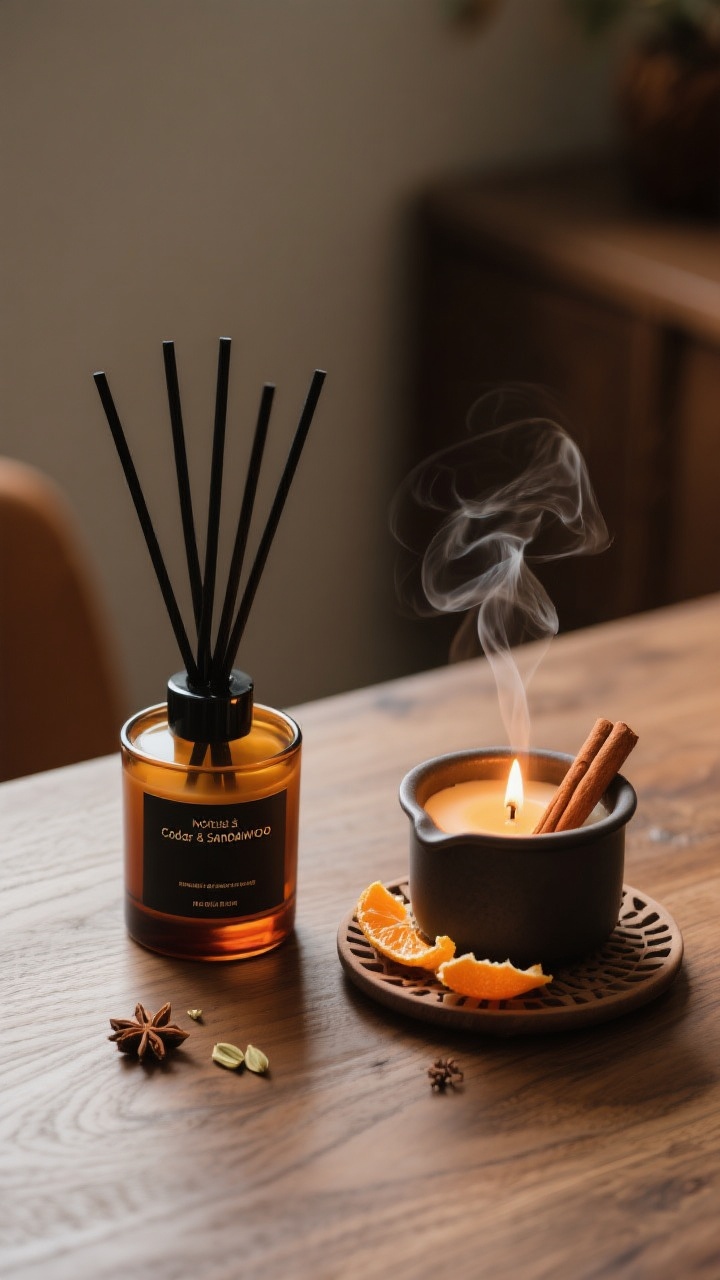 Closeup detail shot focusing on fall scent elements: an amber glass candle labeled with notes of cedar and sandalwood, a matte black reed diffuser with a spiced cardamom and clove fragrance, and a small simmer pot with orange peels and cinnamon sticks on a trivet; subtle steam and candle glow, wood grain tabletop, cozy low-light atmosphere.