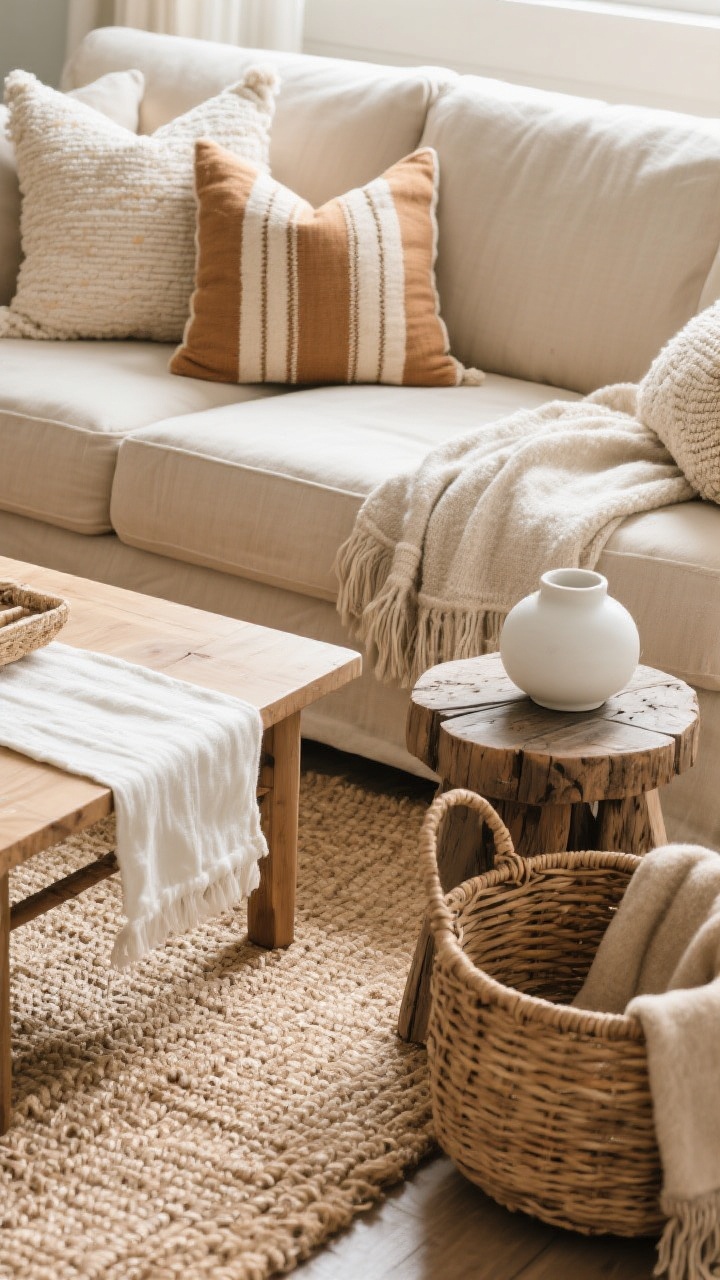 Closeup detail shot highlighting layered textures: a chunky jute rug beneath a softer ivory cotton runner, beside a light oak coffee table; on a sand-colored slipcovered sofa, a mix of linen, boucle, and handwoven pillows in warm neutrals with a muted stripe; include a woven rattan basket with a plush throw and a reclaimed-wood side stool topped with a smooth white ceramic vessel; soft natural afternoon light, neutral palette with tactile contrast, no nautical kitsch, straight-on low angle emphasizing texture depth.