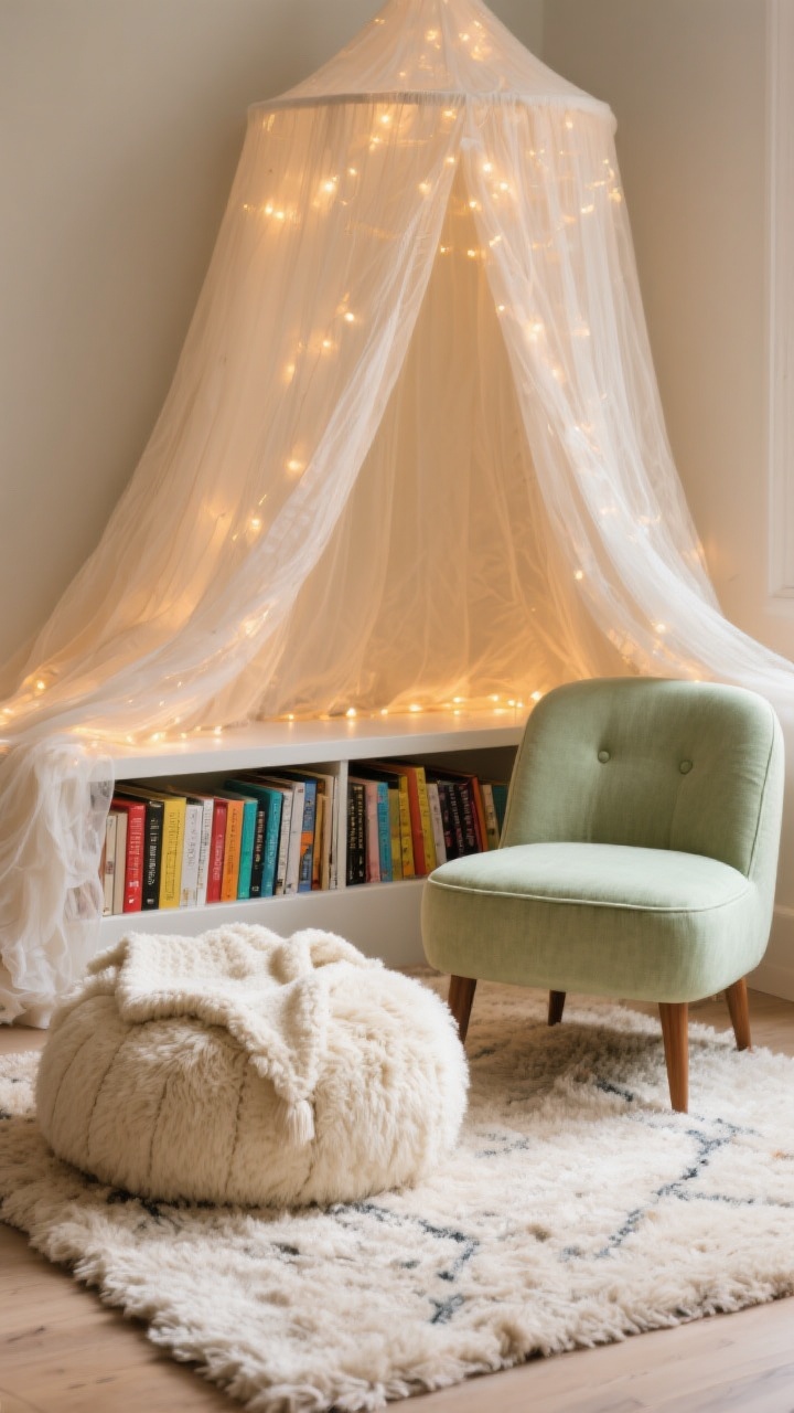 Closeup/detail shot of a cozy reading nook textures: a plush floor cushion layered with a fuzzy throw in cream, a small mini armchair in soft sage fabric, and a front-facing low book ledge displaying colorful covers. A gauzy canopy drapes overhead for instant magic, with warm fairy lights casting a gentle glow. The shot focuses on fabric weaves, the soft pile of the rug underfoot, and the inviting curve of the canopy, all in warm, calming lighting.