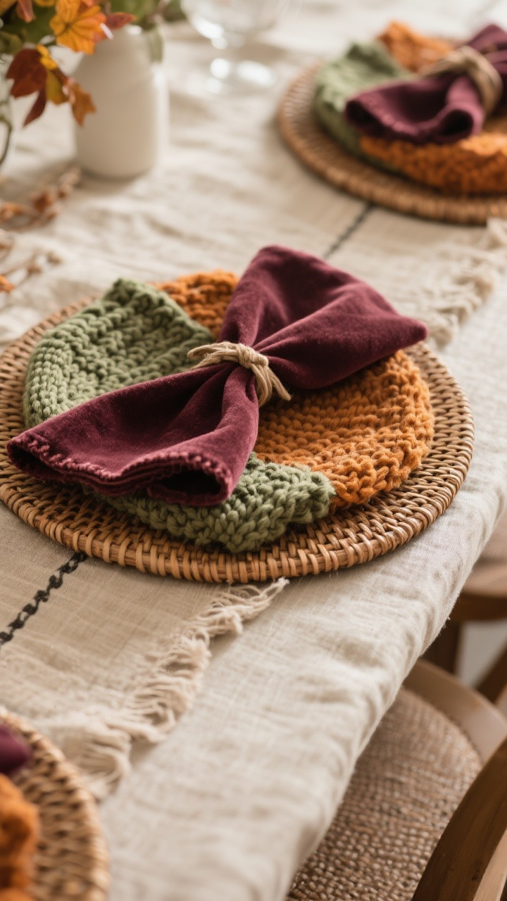 Closeup detail shot of a fall dining place setting showcasing layered textures: a raw-edge natural linen table runner, round woven rattan chargers, chunky knit placemats peeking out, and rich merlot velvet napkins tied simply; soft afternoon light grazes the fabrics to emphasize weave and pile; color accents in moss and ochre appear subtly in napkin trim; photorealistic, no people, shallow depth of field.