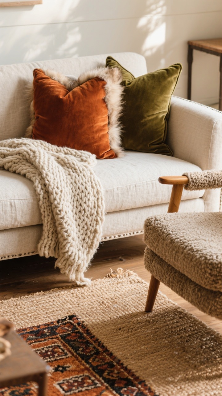 Closeup detail shot of a neutral linen sofa styled for fall: a chunky knit throw draped casually, two rust and olive velvet pillows, and a faux fur lumbar pillow layered in front; nearby, an accent chair with a bouclé cushion and a flax linen pillow cover; at the floor, a jute base rug with a smaller patterned wool kilim layered on top; warm, soft afternoon light, shallow depth of field emphasizing tactile textures.