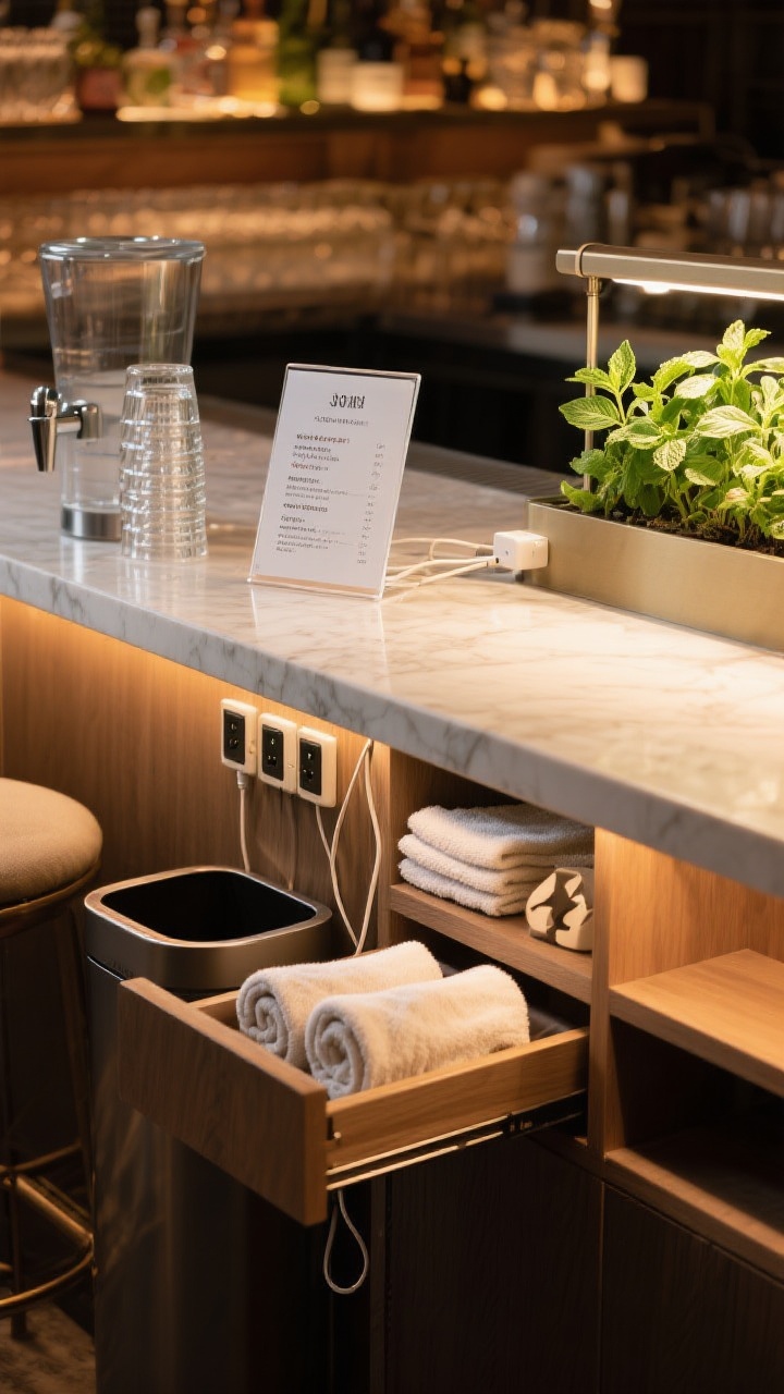 Closeup detail shot of pro-level finishing touches on the bar front: a small acrylic menu listing nightly specials propped on the counter; charging ports neatly tucked under the bar lip with subtle cable management; a chic glass water dispenser with stacked tumblers nearby; hidden trash and recycling pull-out slightly ajar to reveal seamless integration; a compact herb grow light with fresh mint and basil on a shelf; microfiber cloths and rolled bar towels arranged in a drawer; warm, cozy lighting emphasizing cleanliness and readiness, no people.