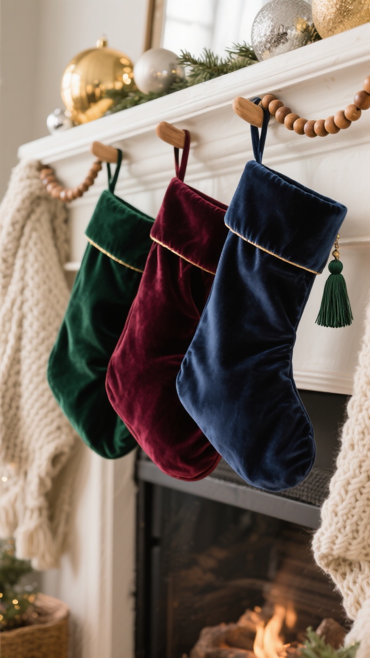 Closeup detail shot of three velvet Christmas stockings hanging from a mantel: deep emerald, rich burgundy, and navy in varied shades within each color family, each stocking finished with a velvet or silk tassel at the loop; backdrop styled with chunky knit throws draped on the mantel edge and a natural wood bead garland for balanced texture; soft warm ambient lighting with subtle reflections that play nicely with both gold and silver ornaments in the background; photorealistic, straight-on composition focusing on the plush velvet pile and tassel sheen.