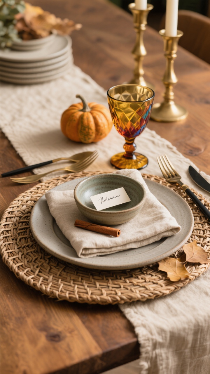 Closeup detail shot, overhead perspective: A Thanksgiving place setting layered with textures—oat-colored washed linen runner over a warm wood table, round woven rattan placemat, matte stoneware charger and dinner plate stacked with a soft linen napkin, topped by a small ceramic bowl holding a handwritten place card. Include faceted colored glass goblet, mixed metals with brushed brass fork and blackened steel knife, dried leaves and a cinnamon stick beside a mini gourd. Mix matte and glossy finishes with glossy brass candlesticks blurred in the background. Warm, cozy lighting highlighting fabric weave and ceramic matte glaze; subtle height variation in the stacked dishes; no people.