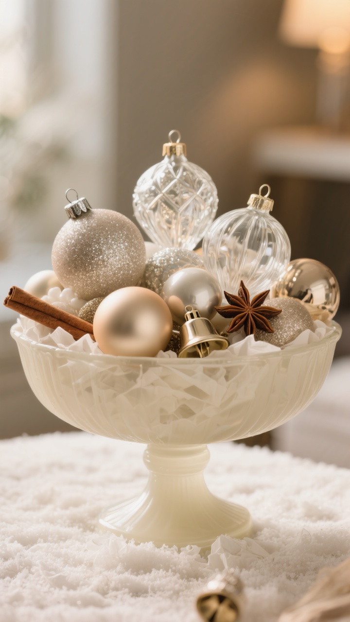 Closeup detail, straight-on macro: A footed milky glass compote bowl filled with curated ornaments in a cohesive palette, showcasing mixed finishes—matte, satin, subtle glitter, and clear hand-blown glass. Use a filler base of softly crumpled ivory tissue or faux snow so the best pieces sit up top. Feature three “hero ornaments” with distinctive shapes or delicate glasswork, surrounded by simpler spheres. Tuck in cinnamon sticks, star anise, and a few tiny bells for scent and texture. Warm indoor lighting that highlights surface finishes; no people.
