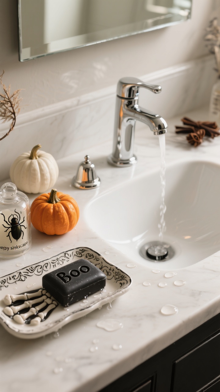 Closeup of a “creepy sinkscape” vignette: porcelain sink with a decorative tray catching water drips; skeleton-hand soap dish holding a black “Boo” soap bar; small pumpkins (one mini orange, one white) tucked beside; a tiny bell jar with a faux beetle for a subtle scare; scented items suggesting cedar/clove/smoked vanilla; soft side lighting reflecting off chrome faucet, crisp and clean surfaces.