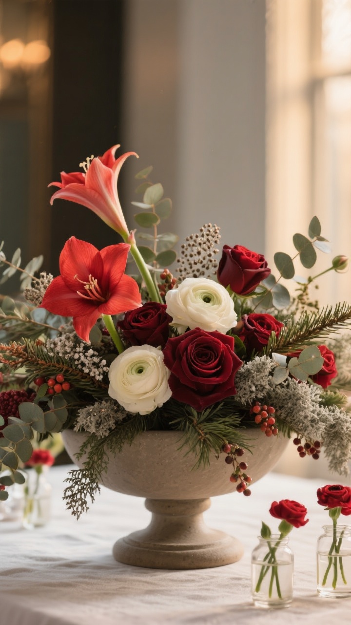 Closeup of a low, lush winter floral centerpiece in a footed low compote with floral foam: amaryllis, ranunculus, and roses in deep reds and creamy whites; airy seeded eucalyptus, draping cedar, and velvety dusty miller for texture; pops of hypericum or pepperberry; arrangement kept low and wide to preserve sight lines; a few single stems echoed in small bud vases nearby; soft, warm side lighting highlighting petal textures and foliage tones.