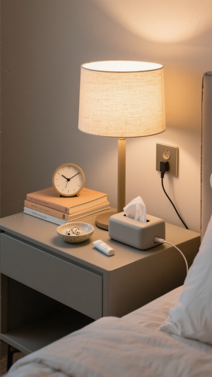Closeup of a styled nightstand with purpose: a substantial bedside lamp with an easy-reach switch, a simple non-ticking clock, a short stack of mellow-toned books, a small ceramic dish holding a ring and earbuds, and a travel-sized hand cream beside a sleek tissue box; discreet cable clips keep a charging cord tidy; warm bedside glow highlighting clean lines.