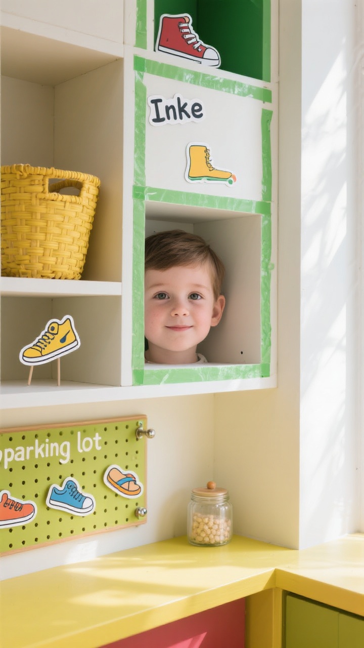 Closeup, playful detail shot: A child-height cubby face personalized—green tape edging one shelf, a yellow woven basket in another, and sticker-decorated name area; icon labels (sneaker, boot, sandal) crisply printed; a small pegboard “parking lot” panel below with painted shoe outlines; a tiny token jar on a nearby ledge; bright, cheerful natural light highlighting bold colors and textures, photographed straight-on for graphic clarity.