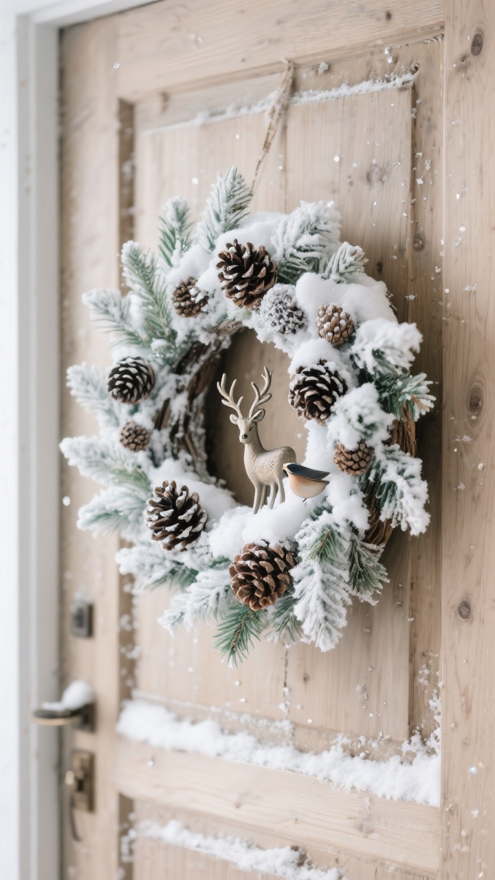 Closeup, slightly angled view of a snow-dusted woodland wreath on a natural wood door; light flocking on the tips only, avoiding heavy coverage; mix of small and large pinecones adding depth; tiny forest details like a miniature stag ornament and a hidden little bird; palette restrained to whites, taupes, and greens for Nordic calm; cool winter daylight, subtle sparkle on faux snow, natural textures emphasized; photorealistic
