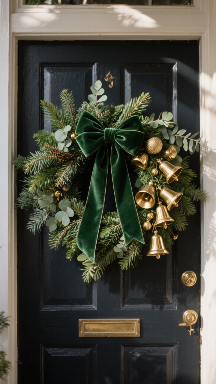 Closeup, straight-on view of a luxe classic evergreen wreath on a dark-painted front door; layered greens mixing pine, cedar, and eucalyptus with varied needle textures; a wide velvet bow in deep green with long tails placed asymmetrically; a tight cluster of matte gold bells and antique brass ornaments on one side for designer asymmetry; soft natural daylight with a subtle warm gleam on the metals; photorealistic textures of foliage, velvet, and aged brass