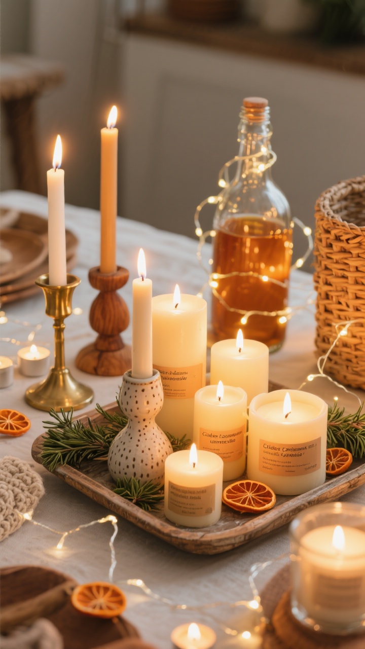 Closeup tabletop detail: layered candle glow without flames—mismatched candlesticks in brass, ceramic, and wood holding LED tapers; clusters of pillar candles and tea lights (real and LED) arranged on a rustic tray with sprigs of greenery and dried orange wheels; warm white fairy lights coiled inside a glass bottle and a woven basket nearby; cozy, amber-toned lighting with subtle cedar/cardamom/amber candle labels visible for scent suggestion.