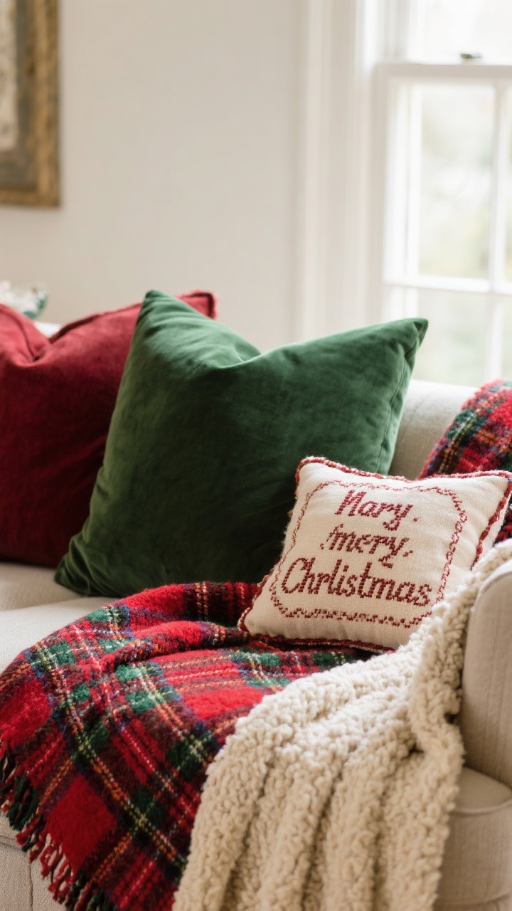 Closeup texture shot on a sofa: layered textiles featuring a classic red-and-green tartan throw as the hero pattern, a nubby cream chenille blanket draped over the arm, and one needlepoint pillow with a cheeky holiday saying; balanced by solid cushions in forest green and oxblood; soft natural window light emphasizing weave and pile; photorealistic.