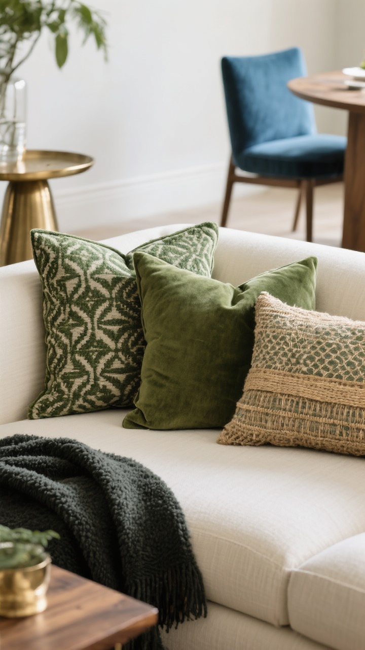 Closeup: Tight color story and texture study—a trio of cushions in tonal greens (sage, olive, forest) on a cream linen sofa, with a dark grounding charcoal throw; a hint of blue echoed in a dining chair cushion visible in the background; mix of one bold patterned fabric and two smaller-scale patterns on pillows; metallic accent in brushed brass and natural wood grain peeking from a side table; soft natural light highlighting bouclé, linen, and jute textures, photorealistic.