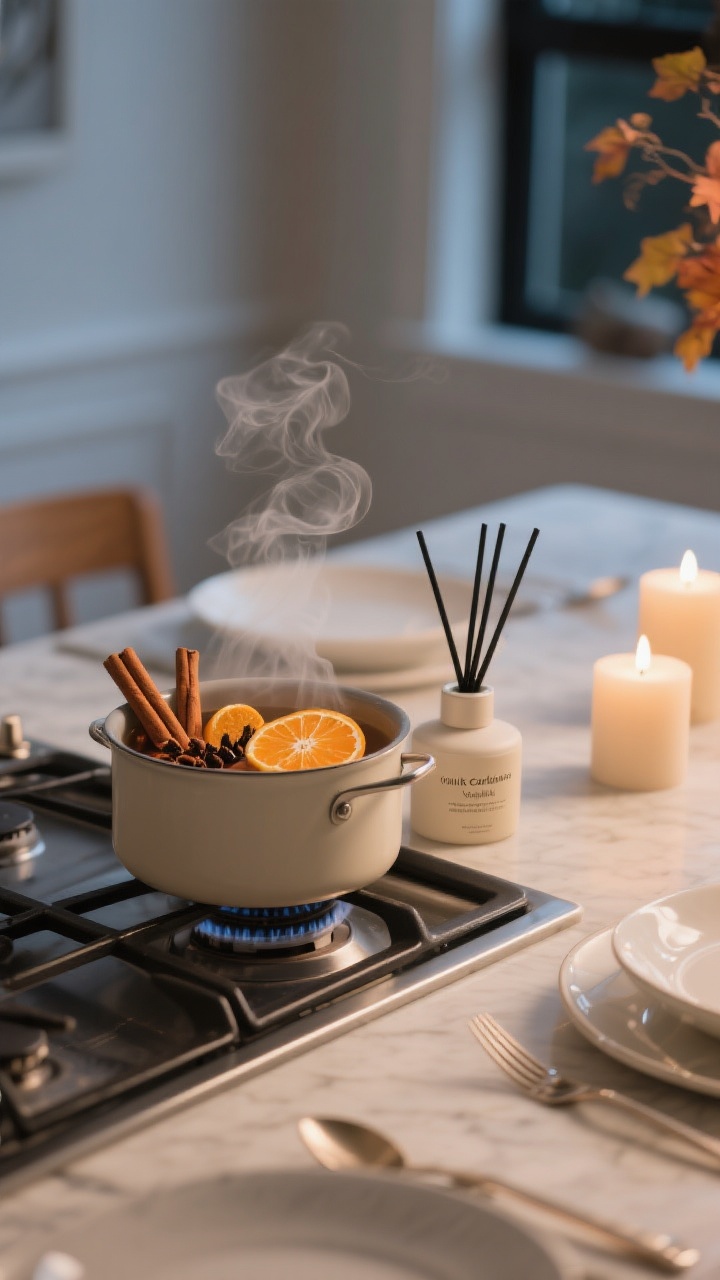 Closeup vignette capturing a signature fall scent setup: a small stovetop pot simmering cinnamon sticks, cloves, and orange peels; nearby, a discreet diffuser labeled vanilla-cardamom placed away from the table; if candles are shown, they’re light, neutral, and unscented for dining; gentle steam curl visible; soft evening light; clean, serene mood.